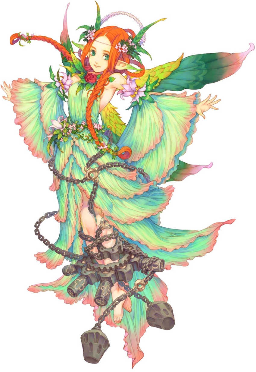 avalon_code, braid, chain, fairy, fairy_wings, green_eyes, highres, long_hair, mieli, official_art, orange_hair, pointy_ears, red_hair, wings