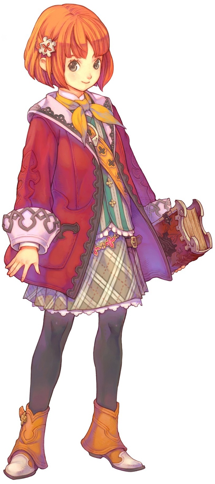 avalon_code, book, highres, leg_warmers, official_art, plaid_clothes, plaid_skirt, red_hair, short_hair, skirt, tia_(avalon_code)