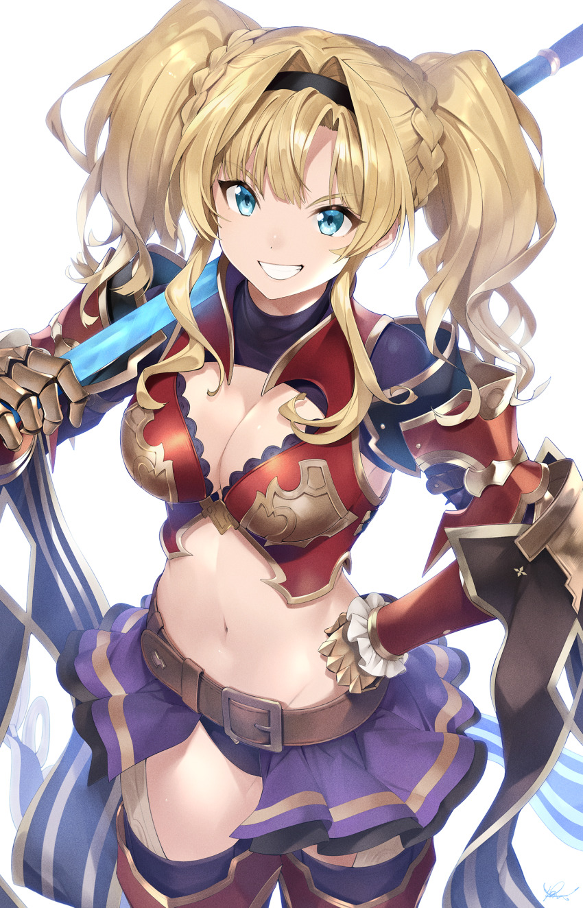 1girl, armor, armored_dress, belt, black_hairband, blonde_hair, blue_eyes, breasts