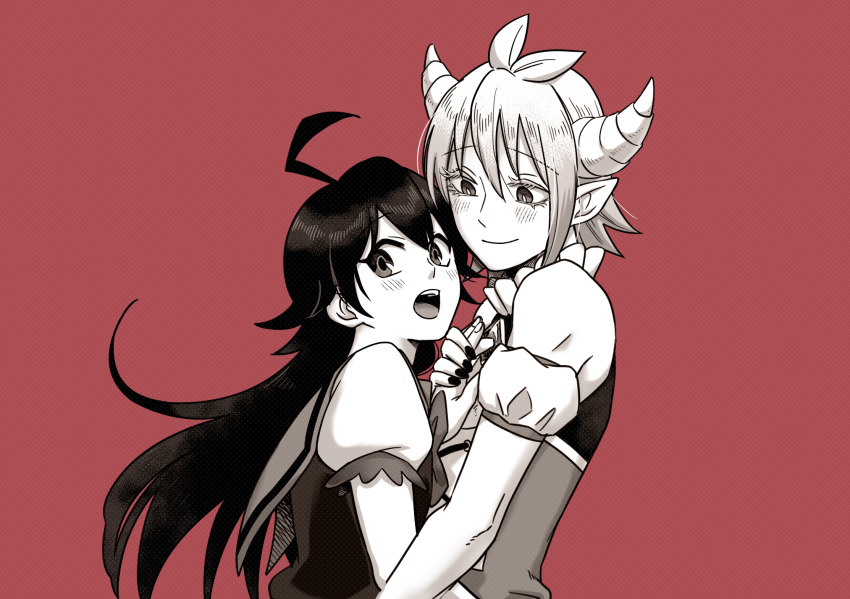 2boys, ahoge, asmodeus_alice, blush, crossdressing, crossdressing_(mtf), dress, highres