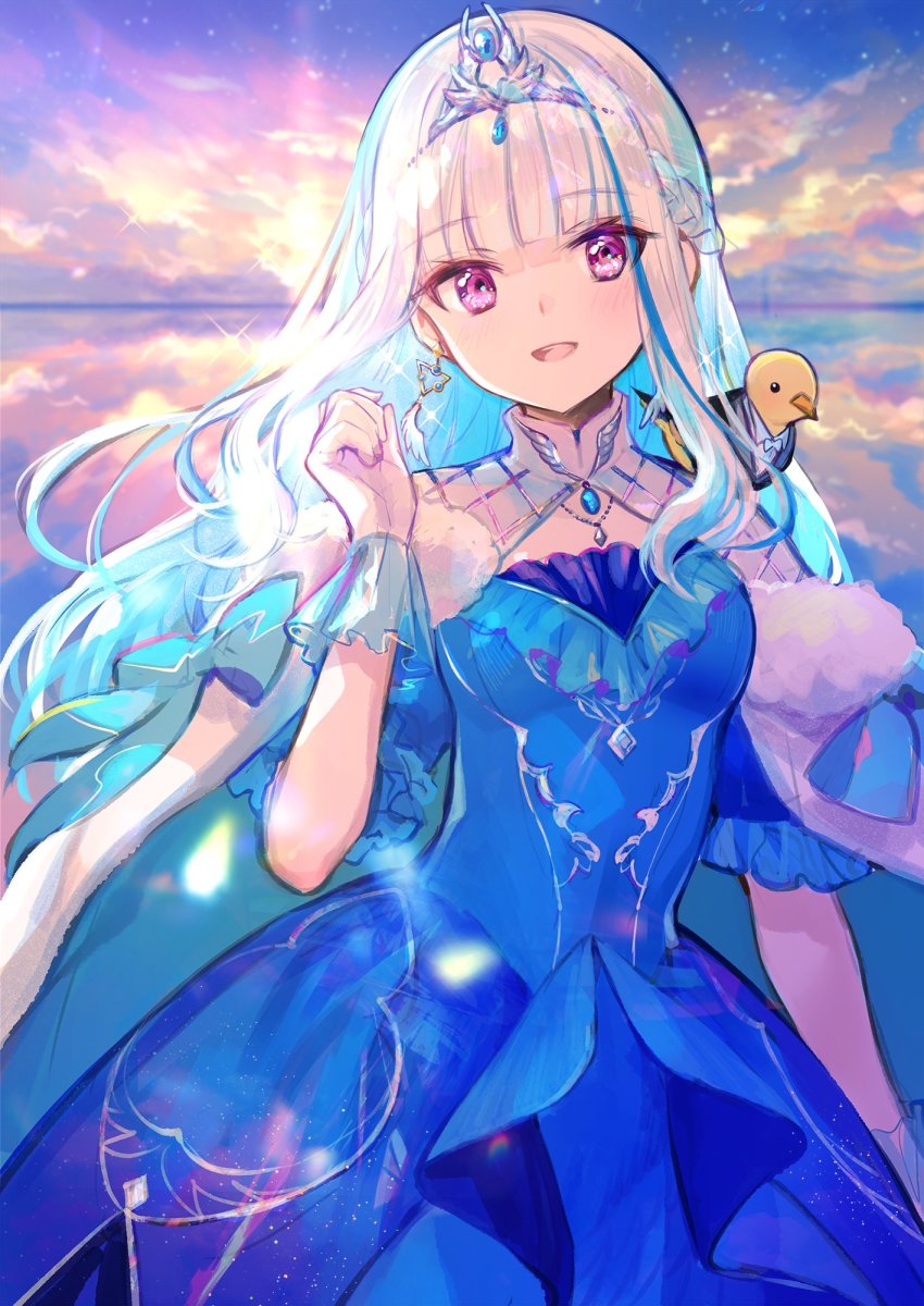 1girl, animal, backlighting, bird, birthday, blue_dress, breasts, circlet