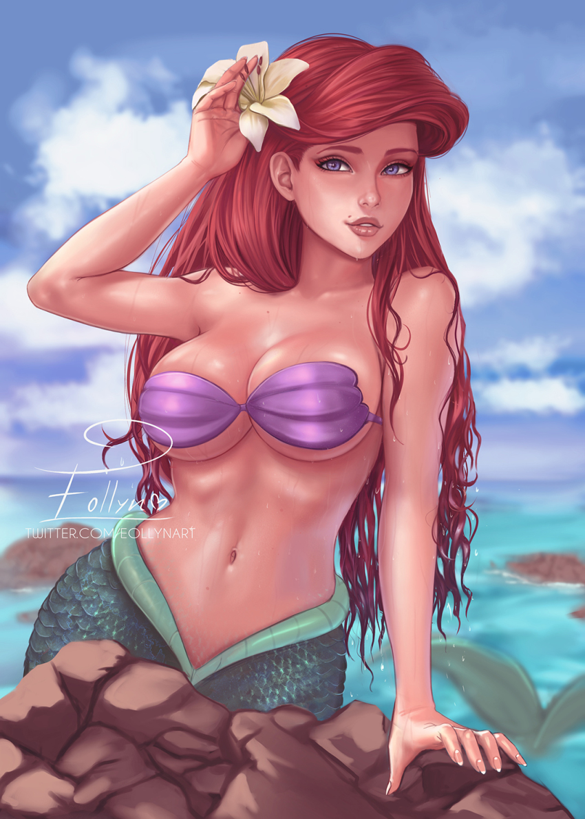 1girl, ariel_(disney), artist_request, bare_shoulders, bikini, breasts, commentary, disney