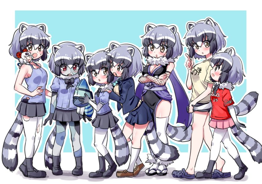 6+girls, adapted_costume, alternate_costume, animal_ears, bad_id, bad_twitter_id, bare_legs, bare_shoulders