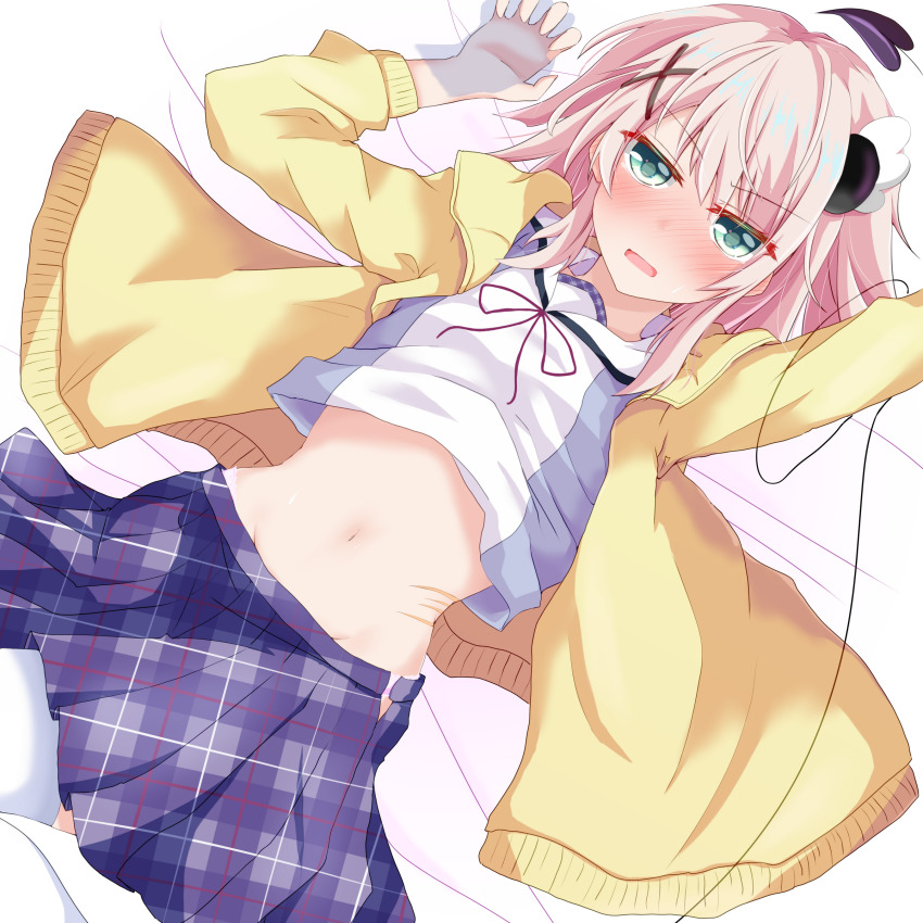 2girls, absurdres, bed, blonde_hair, blush, chiyoda_momo, demon_tail, green_eyes, groin, hair_ornament, hairclip, highres, holding_hands, looking_at_viewer, lying, mac_4229, machikado_mazoku, md5_mismatch, midriff, multiple_girls, navel, on_back, on_bed, open_mouth, resolution_mismatch, scar, short_hair, skirt, solo_focus, source_smaller, tail, tail_wrap, yoshida_yuuko, yuri