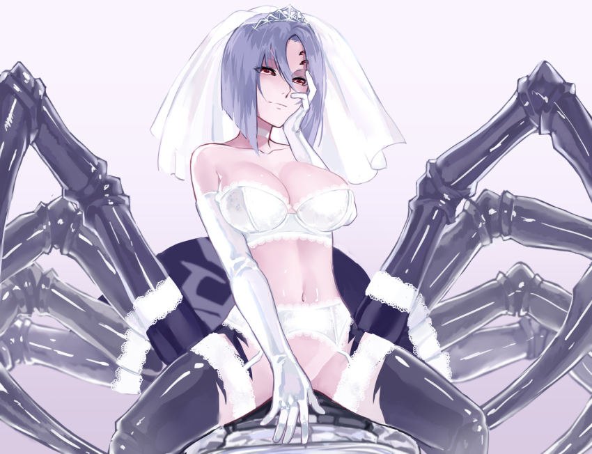 10s, 1girl, arachne, arthropod_girl, bare_shoulders, bra, breasts, bridal_lingerie
