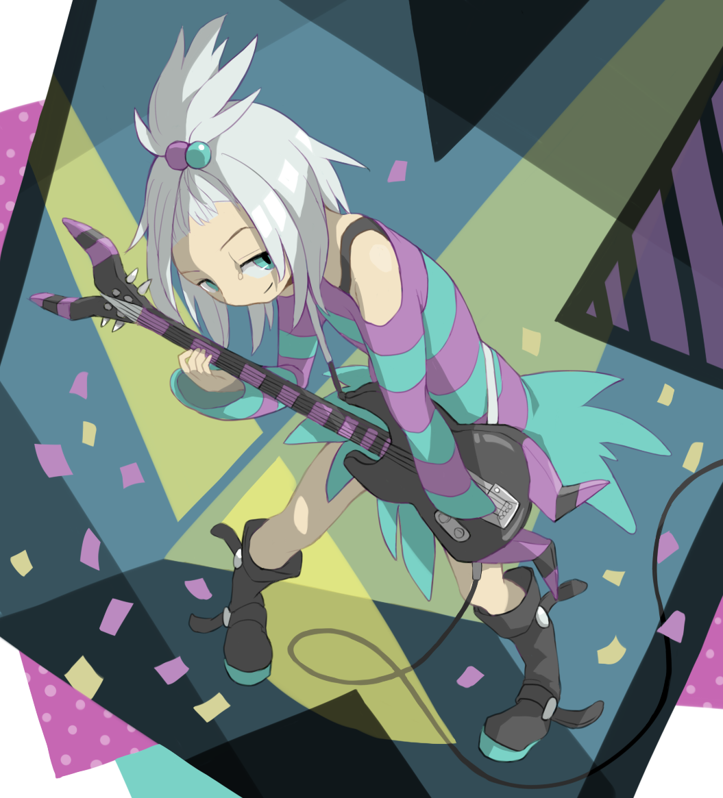 1girl, black_boots, blue_eyes, boots, closed_mouth, dress, female_focus, full_body, guitar, gym_leader, hair_between_eyes, holding, holding_instrument, instrument, iriko_(requina), legs_apart, long_sleeves, nintendo, off-shoulder_dress, off_shoulder, pigeon-toed, pokemon, pokemon_black_2_and_white_2, roxie_(pokemon), short_hair, smile, solo, standing, striped_clothes, striped_dress, topknot, white_hair