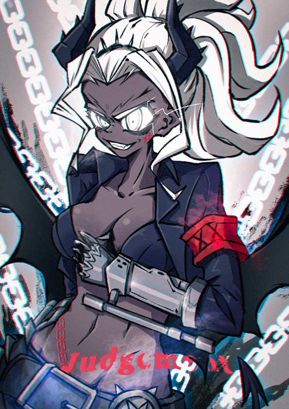 1girl, armband, belt, black_horns, breasts, chain, character_name, cleavage