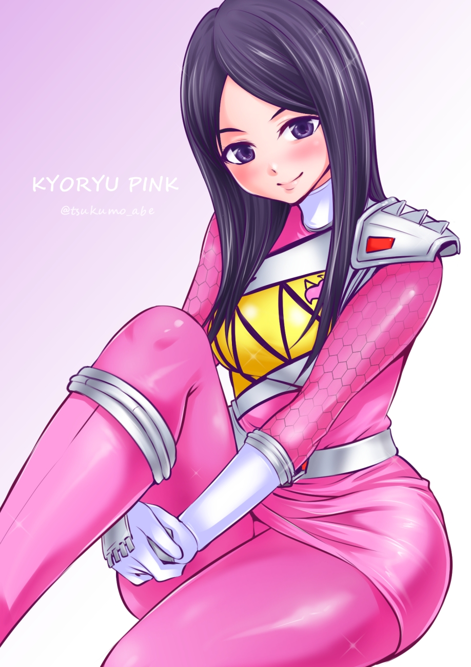 1girl, abe_tsukumo, amy_yuzuki, animification, black_hair, blush, bodysuit, breasts, closed_mouth, female_focus, gloves, highres, kyoryu_pink, long_hair, looking_at_viewer, pantyhose, skirt, smile, solo, super_sentai, zyuden_sentai_kyoryuger