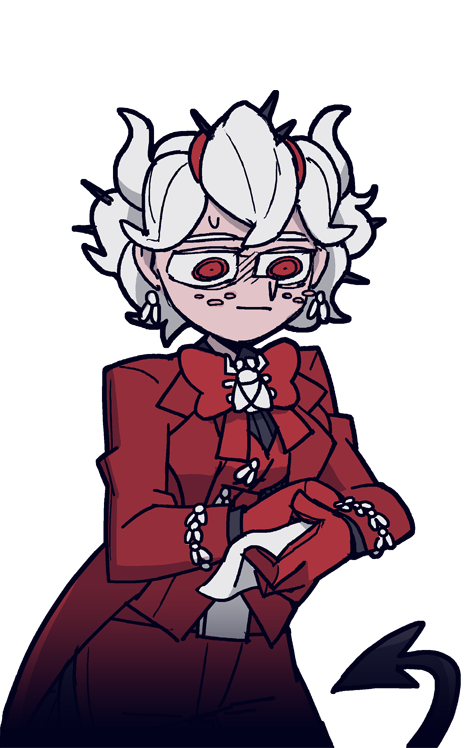 1girl, :|, beelzebub_(helltaker), bug, business_suit, closed_mouth, demon_horns, demon_tail