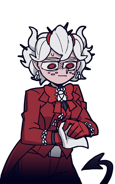 1girl, :|, beelzebub_(helltaker), bug, business_suit, closed_mouth, demon_horns, demon_tail