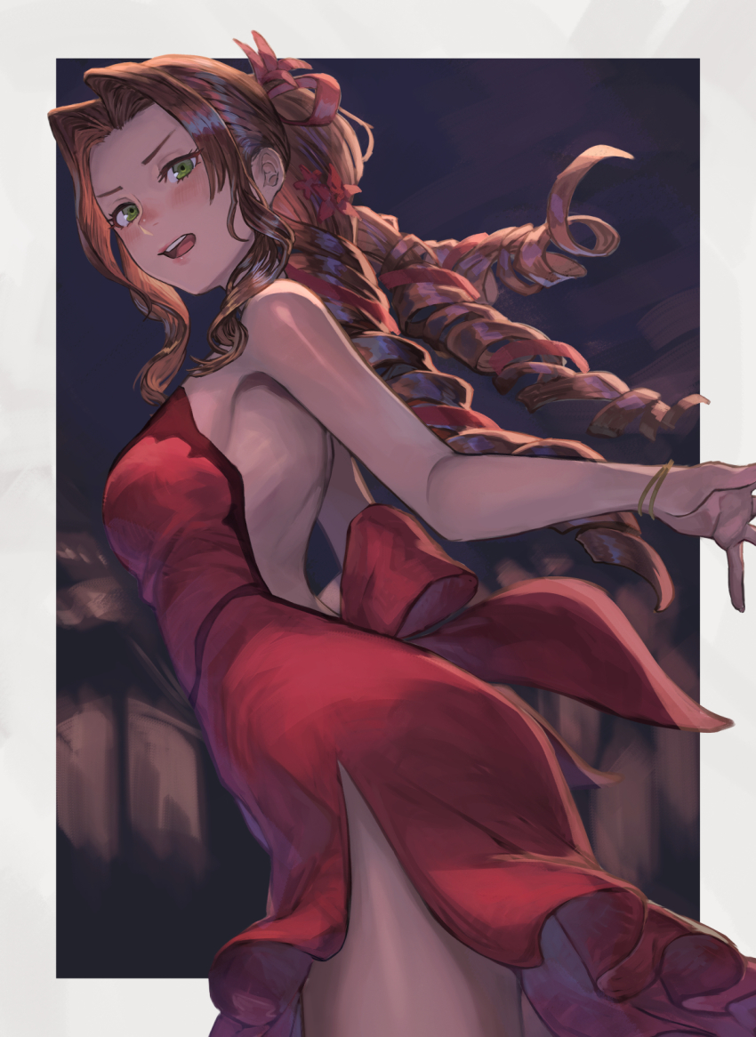 1girl, aerith_gainsborough, aerith_gainsborough_(red_dress), armpits, backless_dress, backless_outfit, brown_hair, cowboy_shot