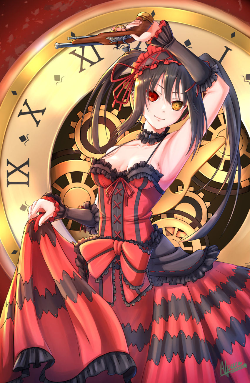 1girl, alpaca_(alpaca00011), arm_up, armpits, asymmetrical_hair, bare_shoulders, black_hair, breasts