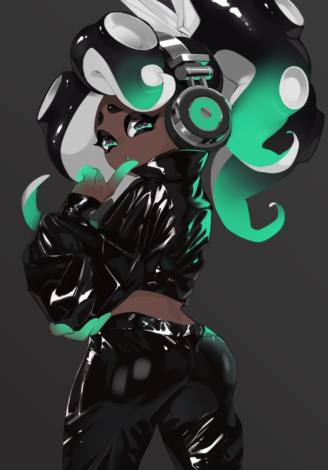 1girl, alternate_hairstyle, ass, black_background, black_jacket, black_pants, cephalopod_eyes, colored_skin