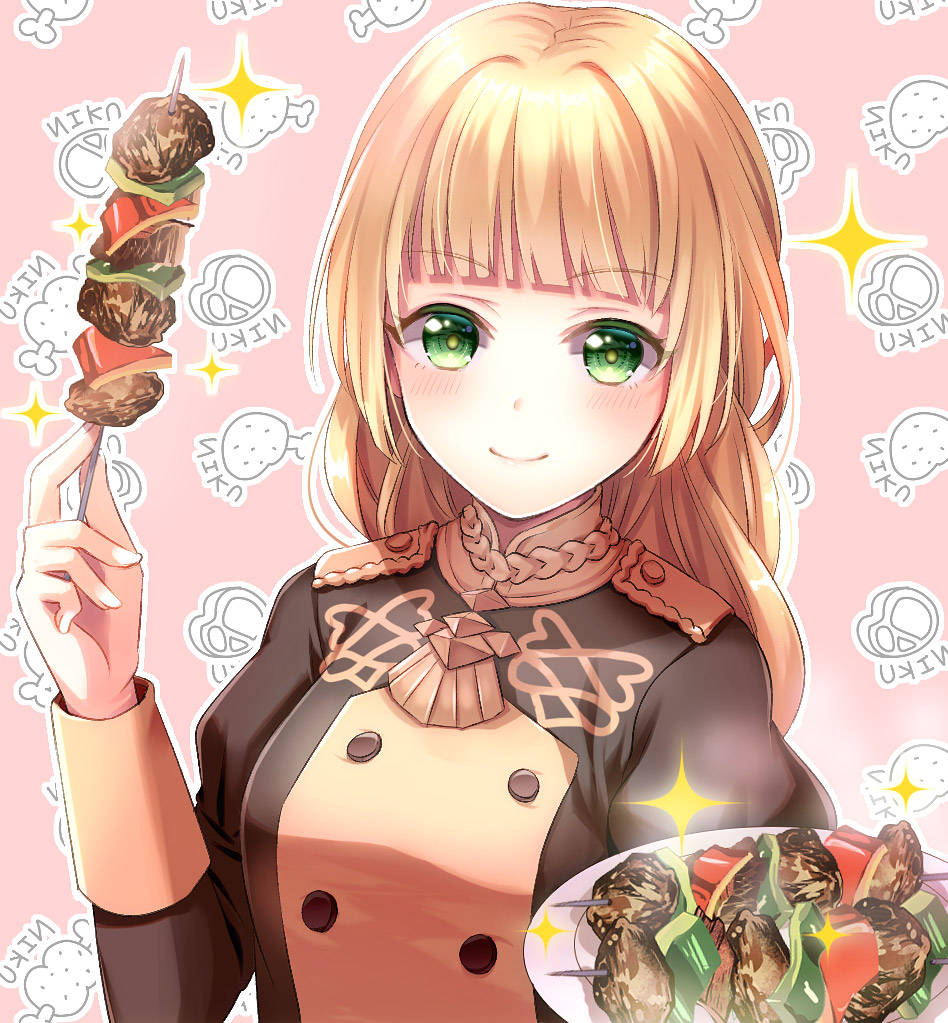 1girl, blonde_hair, closed_mouth, female_focus, fire_emblem, fire_emblem:_three_houses, food, garreg_mach_monastery_uniform