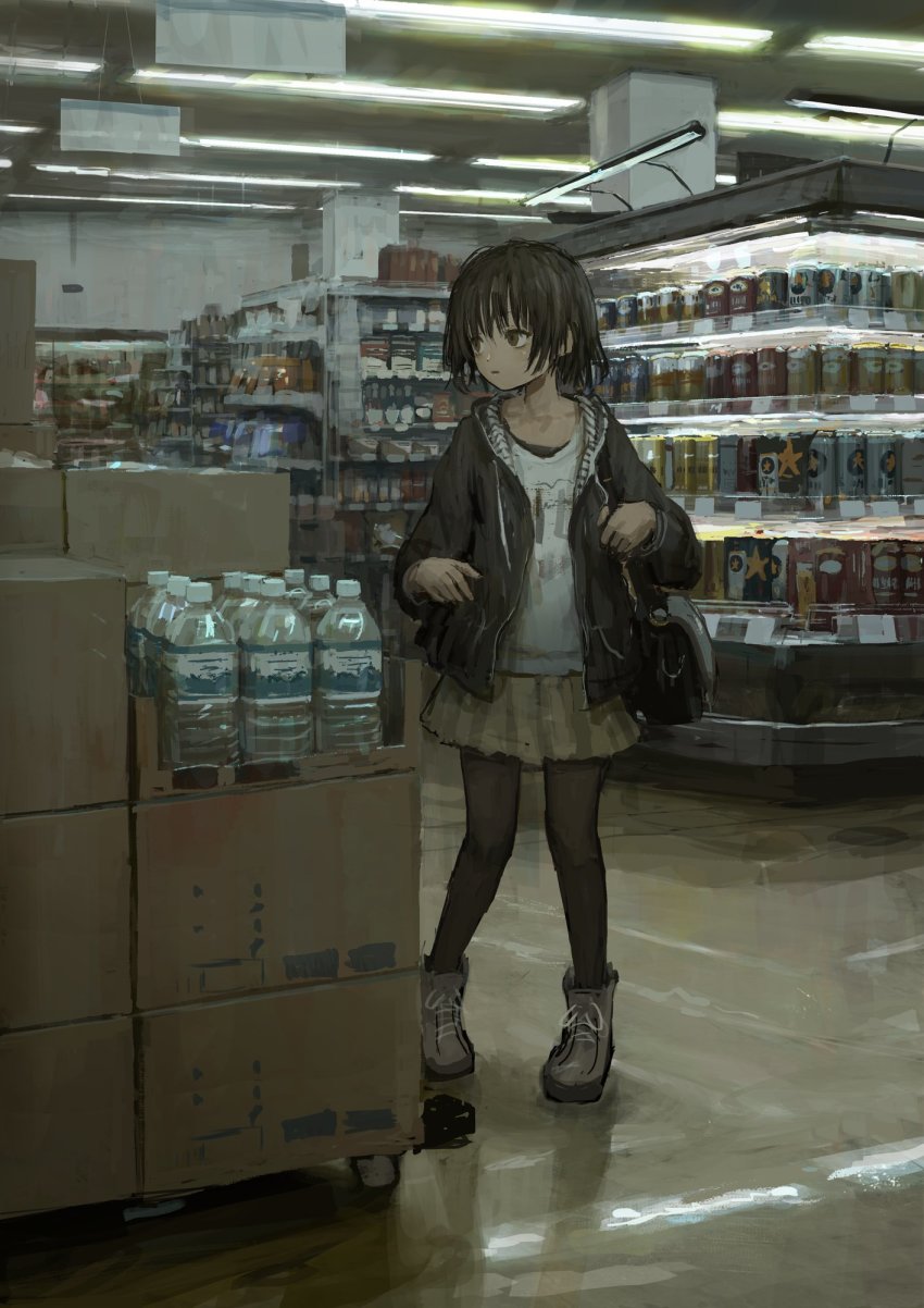 1girl, annda_girl_(shion_(mirudakemann)), bag, beer_can, black_hair, black_jacket, black_pantyhose, boots