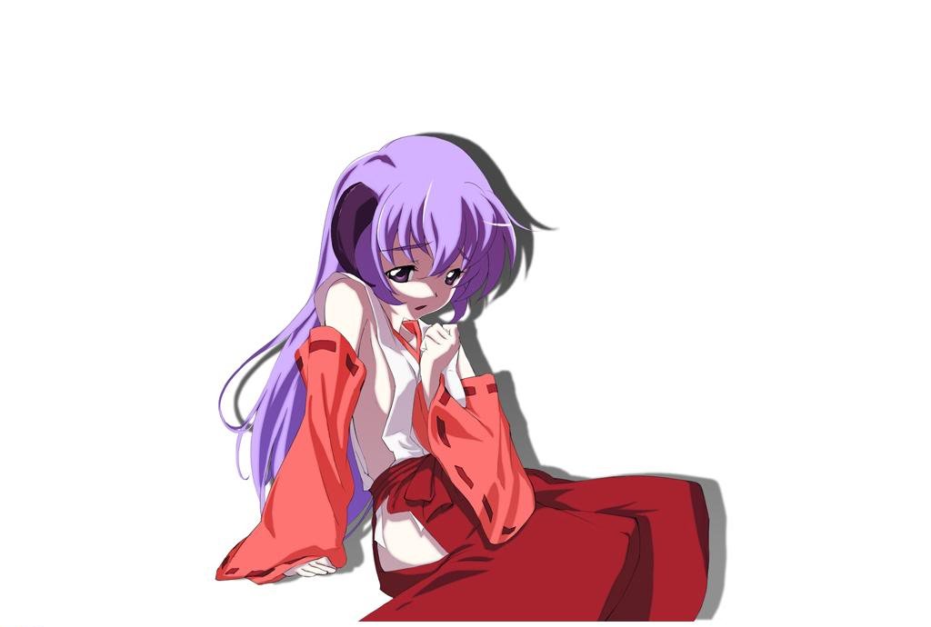 00s, demon, detached_sleeves, hanyuu, higurashi_no_naku_koro_ni, horns, japanese_clothes, kimono, long_hair, miko, open_mouth, oyashiro-sama, pale_skin, purple_hair, sad, shy, simple_background, sitting, white_theme