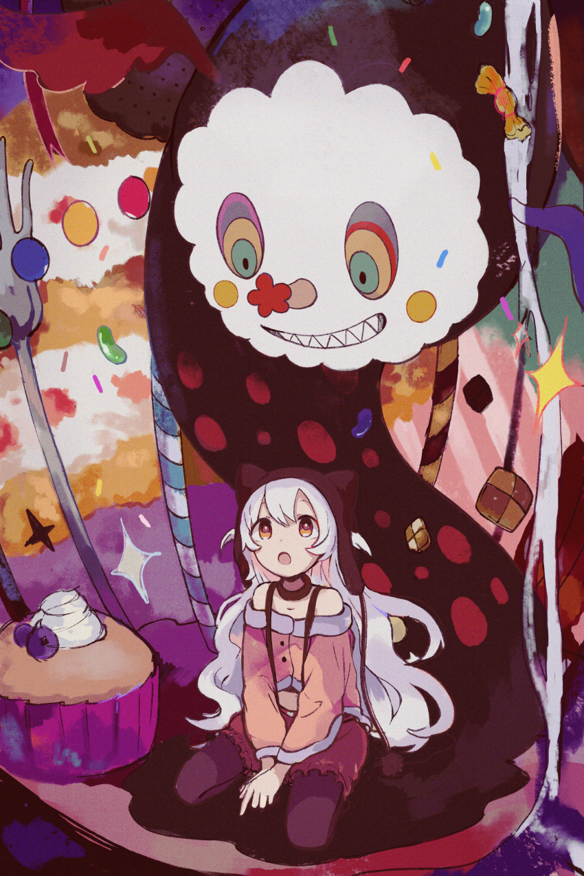 1girl, :o, absurdres, bare_shoulders, beanie, berry, between_legs, black_hat, black_pantyhose, blush_stickers, bubble_skirt, cake, candy, candy_wrapper, capelet, charlotte_(madoka_magica), chocolate, clenched_teeth, colorful, commentary, cream, cupcake, curly_hair, dot_nose, female_focus, food, fork, fruit, full_body, fur-trimmed_capelet, fur_trim, hair_between_eyes, hand_between_legs, hat, highres, huge_filesize, jelly_bean, long_hair, looking_down, looking_up, mahou_shoujo_madoka_magica, mahou_shoujo_madoka_magica:_hangyaku_no_monogatari, momoe_nagisa, momoe_nagisa_(magical_girl), multicolored_eyes, pantyhose, polka_dot, pom_pom_(clothes), seiza, sharp_teeth, sidelocks, sitting, skirt, solo, sparkle, sprinkles, suspenders, sweets, untranslatable_commentary, teeth, toukashi_(2tou9), two_side_up, v_arms, white_hair, witch's_labyrinth, witch_(madoka_magica), yellow_eyes