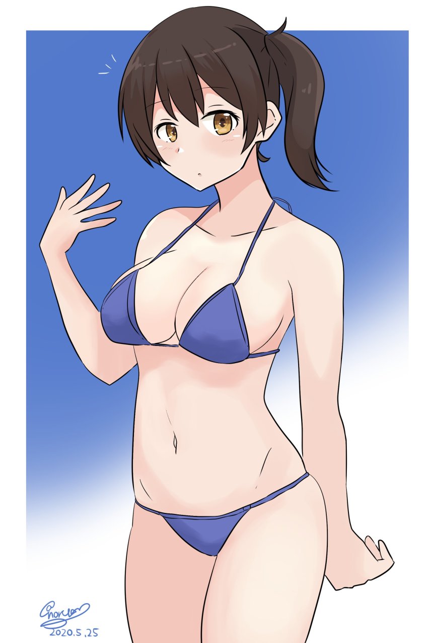 1girl, absurdres, alternate_costume, bare_shoulders, bikini, blue_bikini, breasts, brown_eyes