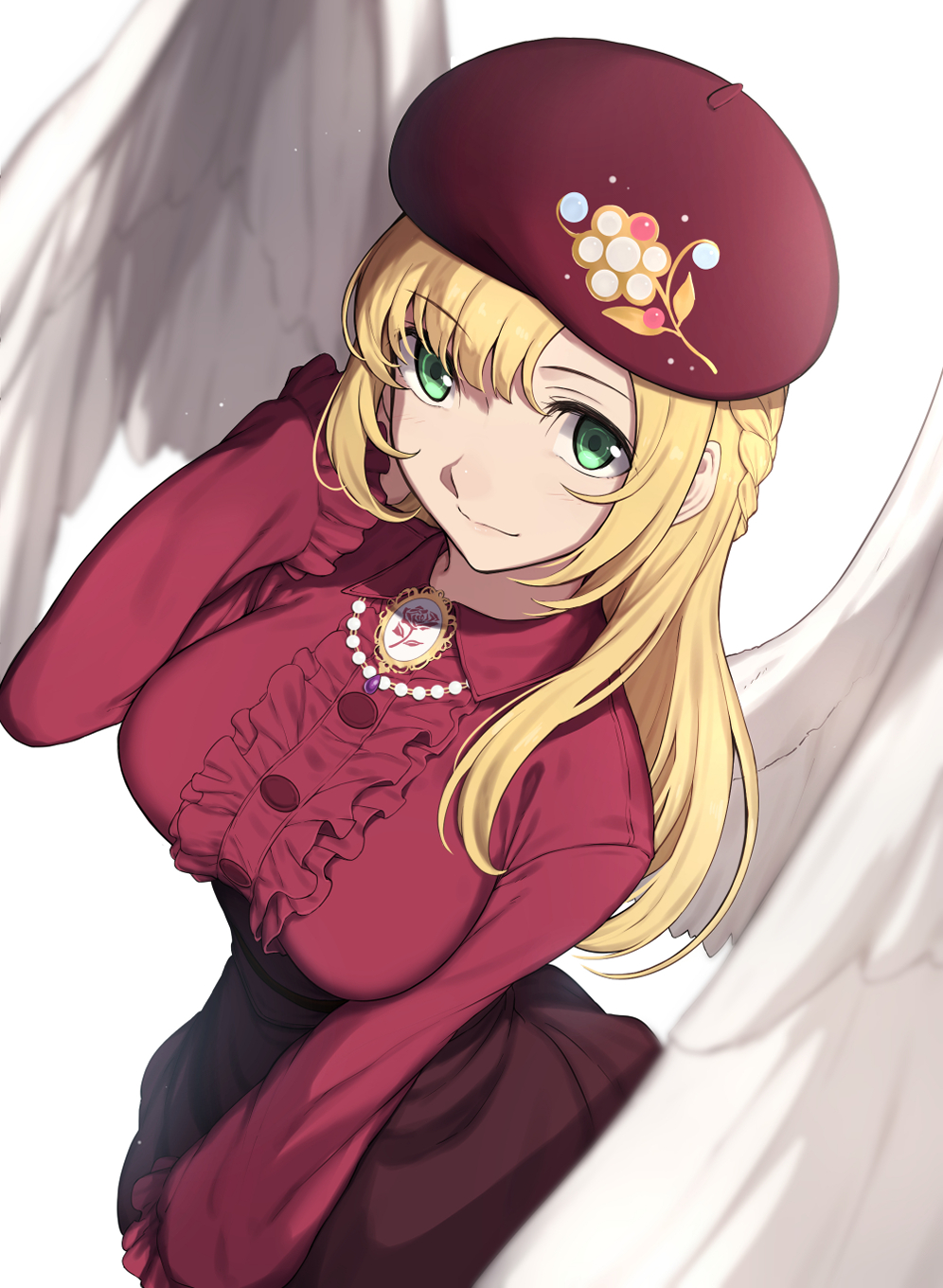 1girl, angel_wings, beret, blonde_hair, blouse, dress, eris_jerand, female_focus, from_above, green_eyes, hat, highres, long_sleeves, looking_at_viewer, nagioka, purple_dress, purple_hat, red_shirt, shirt, simple_background, smile, solo, star_ocean, star_ocean:_anamnesis, white_background, wings