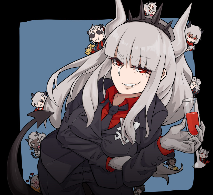 1girl, absurdres, alcohol, arm_under_breasts, azazel_(helltaker), beelzebub_(helltaker), black_jacket, black_necktie