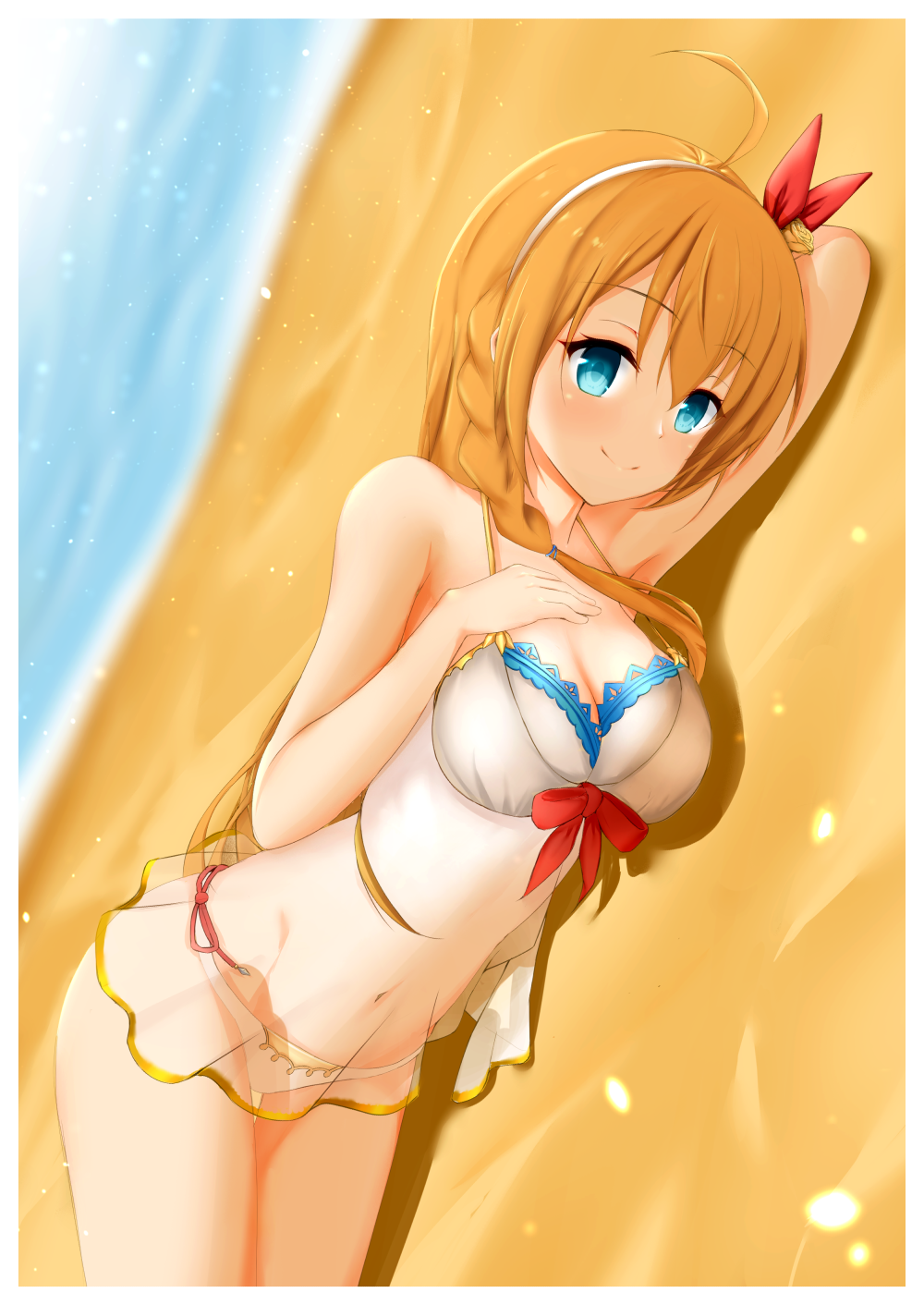 1girl, bare_arms, bare_shoulders, beach, bikini, blue_eyes, blurry, blurry_background