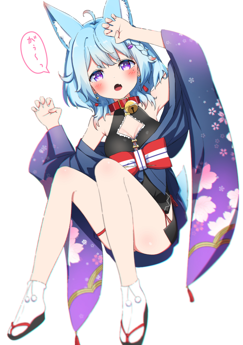 1girl, :o, ahoge, animal_ears, aqua_hair, arm_up, armpits, bare_shoulders