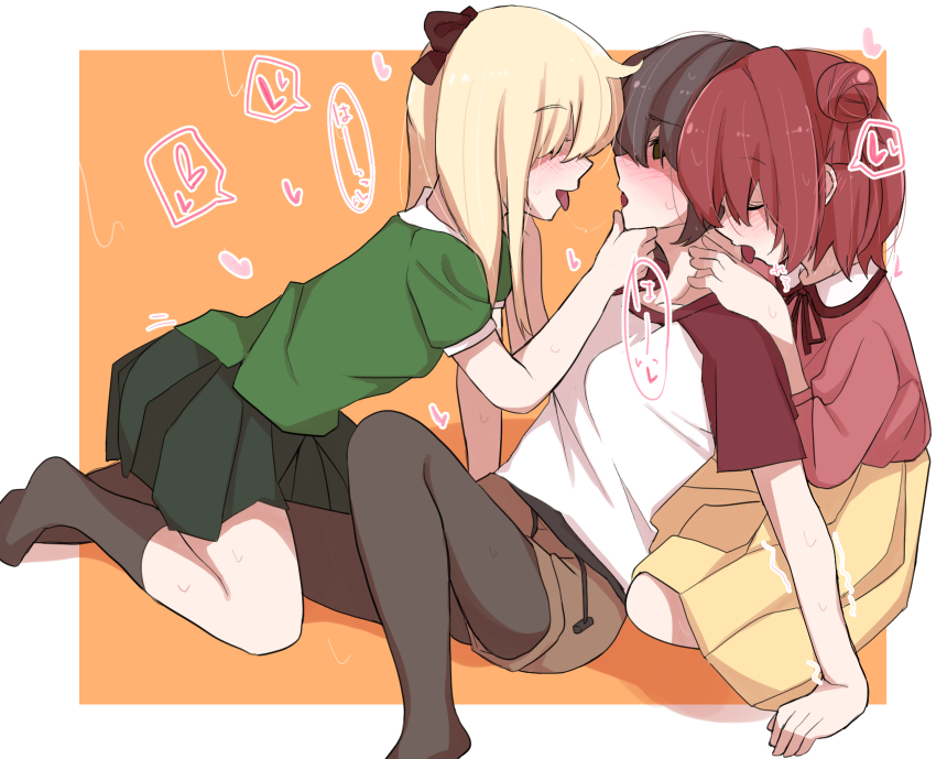3girls, after_kiss, akaza_akari, bad_id, bad_pixiv_id, black_hair, black_legwear, blonde_hair