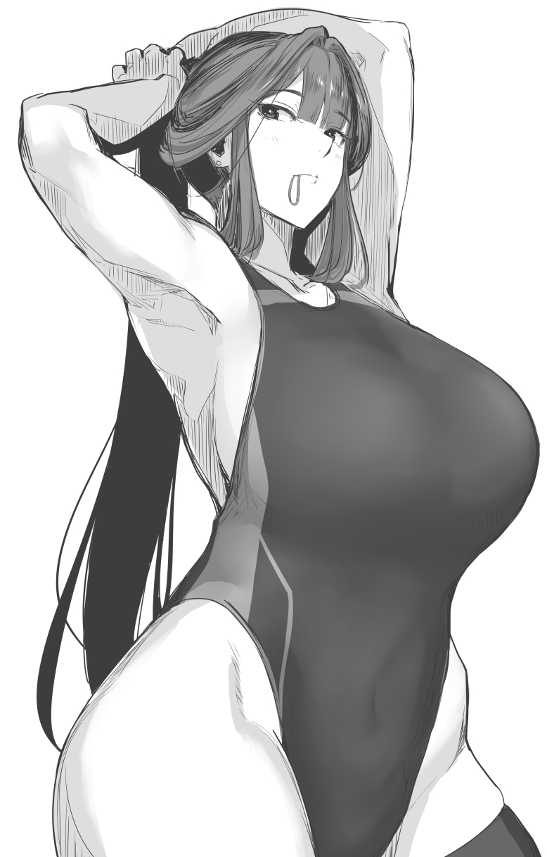 1girl, anegawa_eiji, armpits, arms_behind_head, arms_up, bare_shoulders, blush, breasts, closed_mouth, collarbone, competition_swimsuit, covered_navel, granblue_fantasy, greyscale, highleg, highleg_one-piece_swimsuit, highres, huge_breasts, long_hair, looking_at_viewer, monochrome, mouth_hold, one-piece_swimsuit, ponytail, shura_(granblue_fantasy), sidelocks, simple_background, swimsuit, tying_hair, white_background