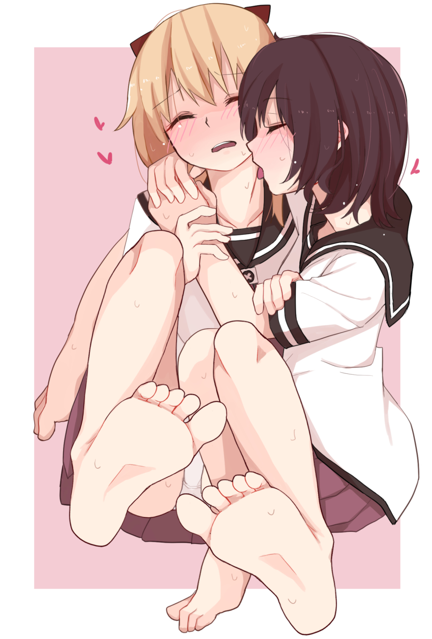 2girls, bad_id, bad_pixiv_id, black_hair, blonde_hair, blush, border, bow