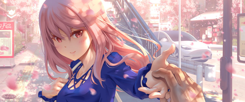 1girl, alice_gear_aegis, bag, blue_dress, car, closed_mouth, commentary_request, dress, eyebrows_hidden_by_hair, holding, holding_bag, holding_hands, motor_vehicle, petals, pinakes, pink_eyes, pink_hair, smile, stairs, tesla, tesla_model_3, yotsuya_yumi
