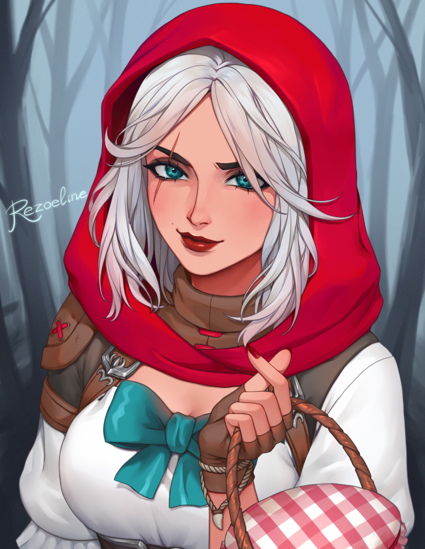 1girl, aqua_bow, aqua_eyes, artist_name, ashe_(overwatch), basket, blush, bodice, bow, breasts, capelet, cleavage, cloak, eyelashes, eyeliner, female_focus, fingerless_gloves, fingernails, forest, gloves, highres, holding, holding_basket, hood, hood_up, hooded_capelet, hooded_cloak, leather, leather_gloves, lipstick, little_red_ashe, little_red_riding_hood_(fairy_tale), looking_at_viewer, makeup, medium_breasts, medium_hair, messy_hair, mole, mole_above_mouth, monochrome_background, nail_polish, nature, official_alternate_costume, overwatch, overwatch_1, picnic_basket, portrait, puffy_short_sleeves, puffy_sleeves, red_capelet, red_cloak, red_hood, red_lips, red_nails, rezoeline, scar, scar_across_eye, scar_on_face, shirt, short_sleeves, shoulder_pads, signature, silhouette, silver_hair, smile, solo, wavy_hair, white_shirt