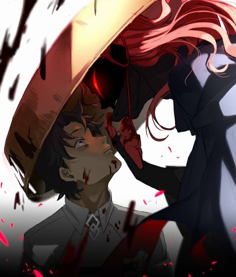 2boys, black_hair, blood, blood_on_clothes, blood_on_face, blood_splatter, blue_eyes, chaldea_uniform