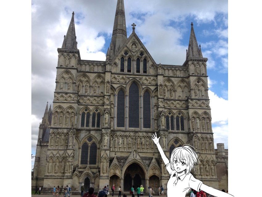 1girl, england, highres, hone-hone, monochrome, original, photo_(medium), salisbury_cathedral, short_hair, sketch