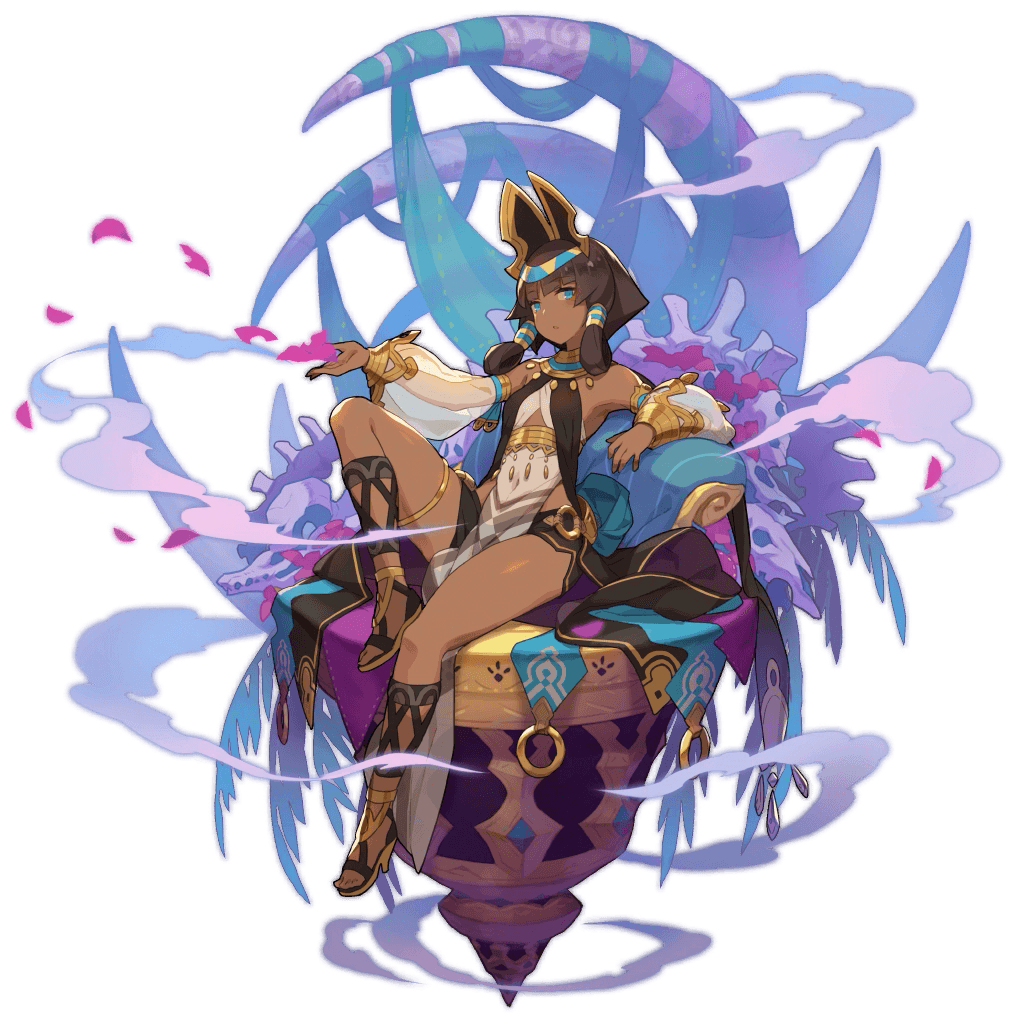 1girl, ancient_egyptian, ancient_egyptian_clothes, black_hair, blue_eyes, bone, dark-skinned_female, dark_skin, detached_sleeves, dragalia_lost, female_focus, full_body, gold_trim, hair_tubes, headdress, nefaria, official_art, pelvic_curtain, petals, ribbon, saitou_naoki, sandals, sitting, skull, smoke, solo, thigh_strap, transparent_background