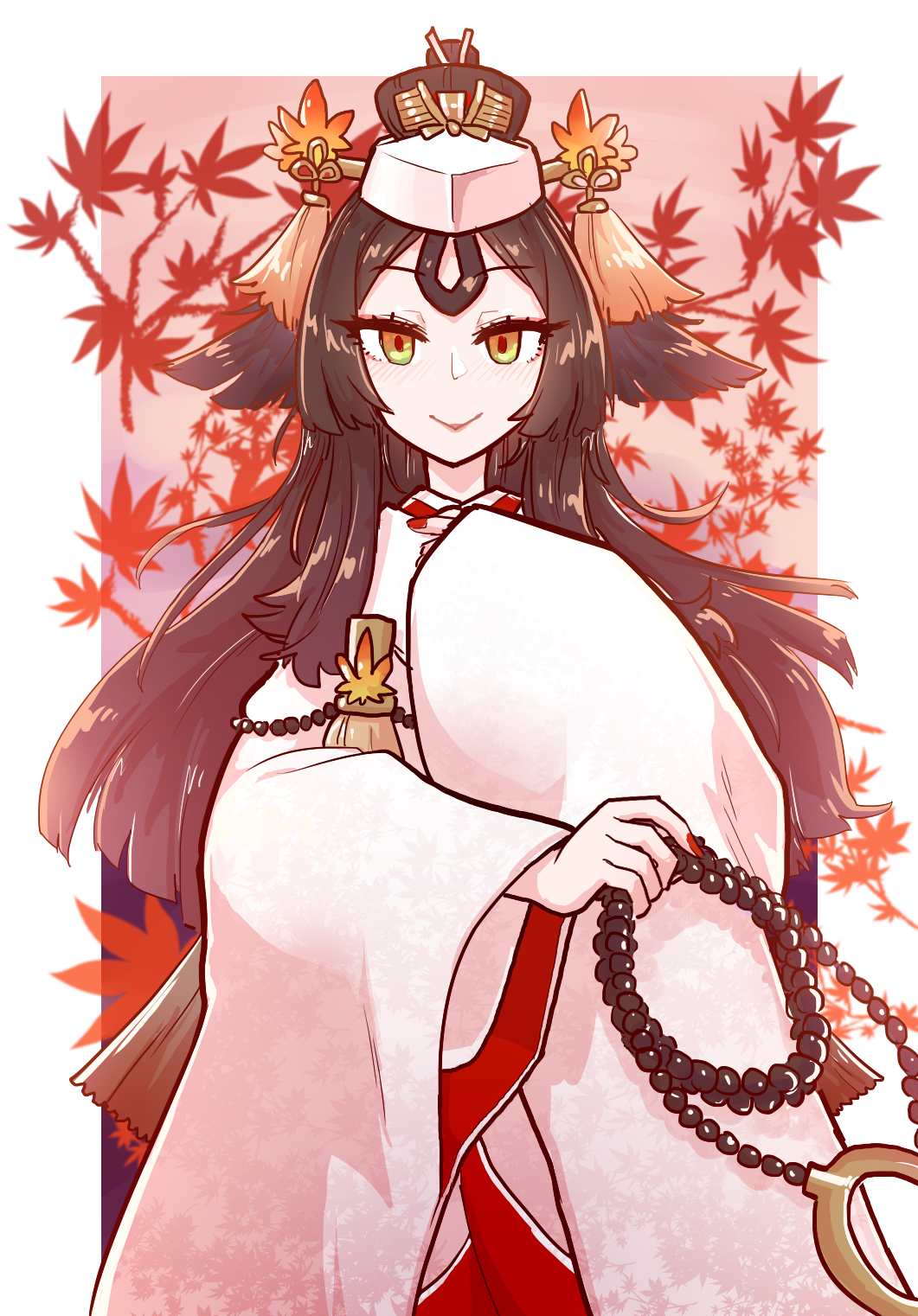 1girl, beads, black_hair, border, breasts, closed_mouth, fate/grand_order, fate/requiem, fate_(series), hair_ornament, hairpin, hat, highres, japanese_clothes, kijo_kouyou_(fate), kijo_kouyou_(second_ascension)_(fate), kimono, leaf, long_hair, long_sleeves, looking_at_viewer, maple_leaf, pink_background, smile, tassel, tenk, white_border, white_hat, white_kimono, wide_sleeves, yellow_eyes
