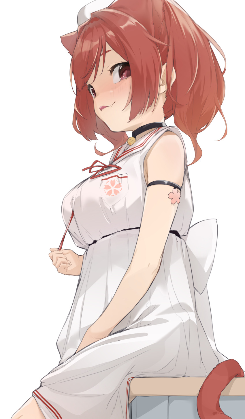 1girl, :p, absurdres, animal_ears, azur_lane, bell, blush, breasts, brown_hair, cat_ears, cat_tail, choker, dress, fang, fang_out, female_focus, hat, highres, i-19_(azur_lane), i-19_(departure's_gentle_breeze)_(azur_lane), looking_at_viewer, neck_bell, purple_eyes, sailor_collar, simple_background, smile, solo, tail, tongue, tongue_out, uno_ryoku, white_background