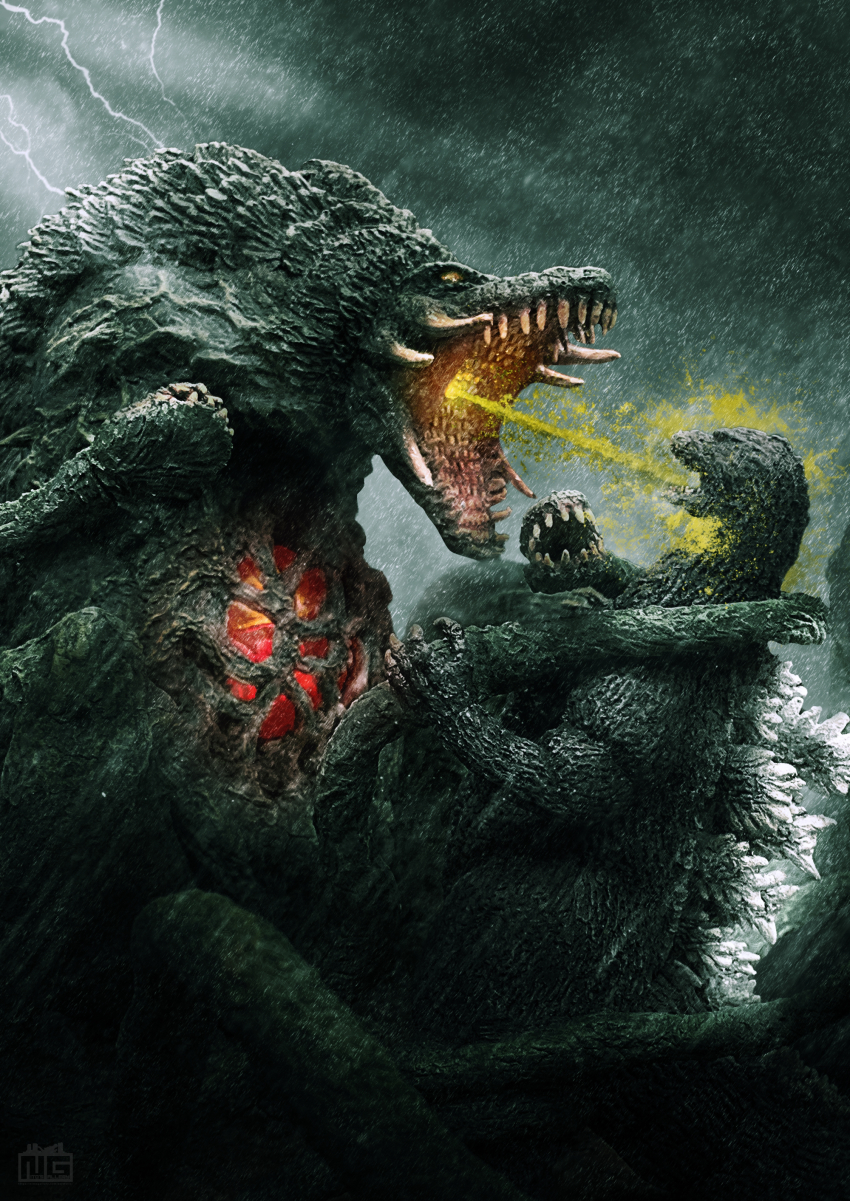 absurdres, acid, biollante, dinosaur, electricity, fighting, giant, giant_monster, glowing, godzilla, godzilla_(series), godzilla_vs._biollante, highres, kaiju, lightning, liquid, monster, no_humans, nobuhiko_ito, plant, rain, teeth, toho, vines