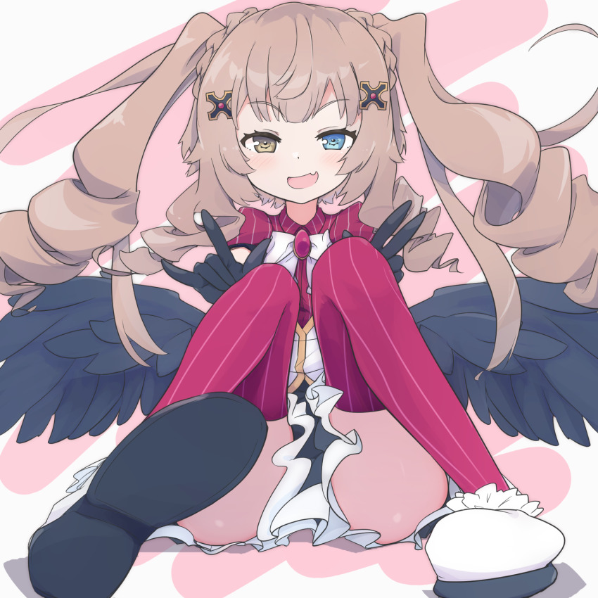 1girl, black_gloves, black_skirt, black_wings, blue_eyes, blush, bow, bowtie, braid, brown_hair, drill_hair, fang, feathered_wings, female_focus, flat_chest, frilled_skirt, frills, full_body, gloves, hair_ornament, half-closed_eyes, hands_up, happy, heterochromia, highres, knees_up, long_hair, m/, open_mouth, pink_background, puffy_short_sleeves, puffy_sleeves, red_shirt, red_thighhighs, shiny_skin, shirt, shoes, short_sleeves, simple_background, sitting, skin_fang, skirt, smile, solo, striped_clothes, striped_thighhighs, thighhighs, totomono, twin_drills, twintails, two-tone_background, virtual_youtuber, w, white_bow, white_bowtie, white_shoes, wings, x_enc'ount, yellow_eyes