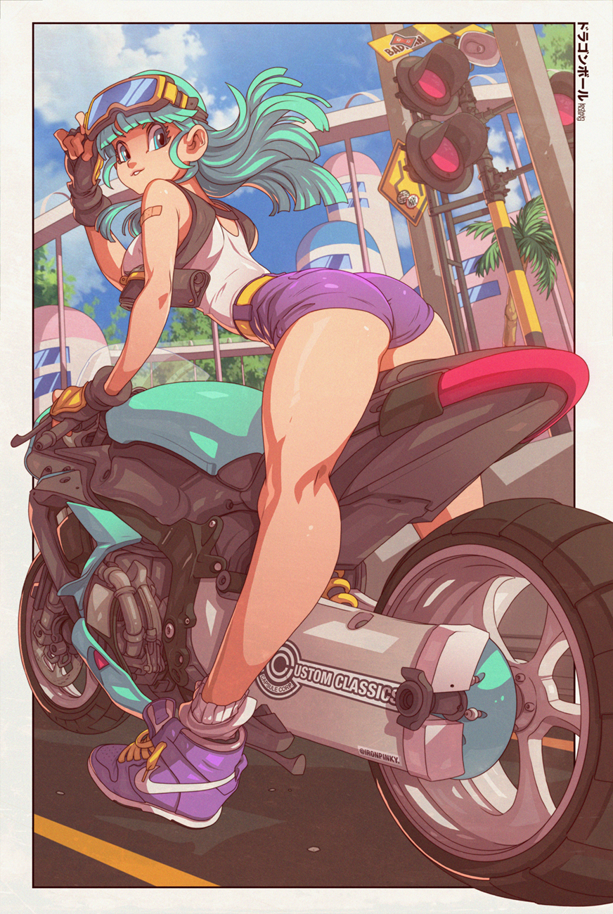 1girl, adjusting_eyewear, ass, bandaid, bandaid_on_shoulder, blue_eyes, blunt_bangs, breasts, bulma, capsule_corp, commentary, curvy, day, dragon_ball, dragon_ball_(classic), edwin_huang, english_commentary, female_focus, fingerless_gloves, flat_ass, full_body, gloves, goggles, goggles_on_head, green_hair, gun, handgun, high-waist_shorts, highres, holster, holstered, kneepits, legs, long_hair, long_legs, looking_back, loose_socks, medium_breasts, motor_vehicle, motorcycle, nike_(company), pistol, purple_shorts, shiny_skin, shoes, short_shorts, shorts, shoulder_holster, sneakers, socks, solo, straddling, straight_hair, tank_top, traffic_light, twitter_username, weapon