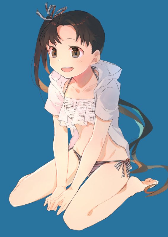 1girl, 8ne_(nitika127), ayanami_(kancolle), barefoot, bikini, blue_background, brown_eyes, brown_hair