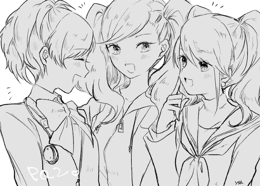 3girls, :d, bad_id, bad_pixiv_id, bow, bowtie, closed_eyes, earrings