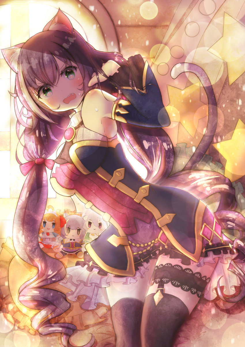 1girl, absurdres, animal_ears, bad_id, bad_pixiv_id, black_hair, black_thighhighs, cat_ears, cat_tail, character_doll, detached_sleeves, doll, fang, female_focus, garter_straps, green_eyes, hair_ribbon, highres, huge_filesize, karyl_(princess_connect!), kokkoro_(princess_connect!), long_hair, looking_at_viewer, low_twintails, open_mouth, pecorine_(princess_connect!), pillow, princess_connect!, purple_skirt, red_ribbon, ribbon, skirt, solo, star_(symbol), sweat, tail, teeth, thighhighs, twintails, uduki, wavy_mouth