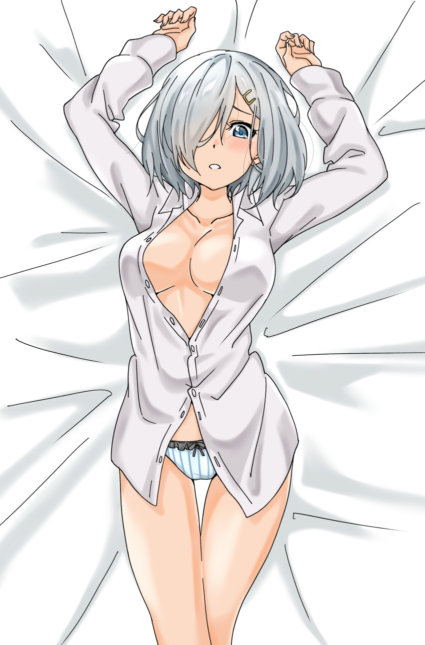 1girl, absurdres, blue_eyes, breasts, collarbone, cowboy_shot, dress_shirt, female_focus