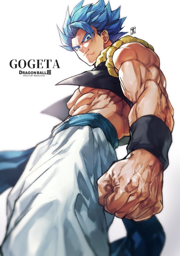 1boy, abs, bare_pectorals, blue_eyes, blue_hair, character_name, clenched_hand, clenched_hands