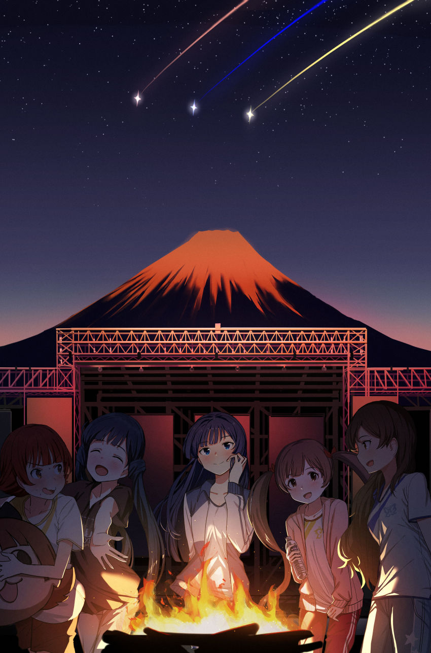 5girls, :d, ^_^, absurdres, black_hair, black_shirt, blue_eyes, blush, brown_eyes, brown_hair, brown_shorts, campfire, closed_eyes, closed_mouth, commentary, crescendo_blue, crescendo_glitter, falling_star, fire, grey_pants, hair_ribbon, hakozaki_serika, highres, holding, idolmaster, idolmaster_million_live!, idolmaster_million_live!_theater_days, jacket, kitakami_reika, kitazawa_shiho, lesson_wear_(idolmaster_million_live!), long_hair, mogami_shizuka, mountain, multiple_girls, night, nonohara_akane, open_clothes, open_jacket, open_mouth, outdoors, pants, pink_jacket, profile, red_pants, red_ribbon, ribbon, shirt, shooting_star, short_sleeves, shorts, sky, smile, stage, star_(sky), starry_sky, suzuki_puramo, track_pants, twintails, very_long_hair, white_pants, white_shirt