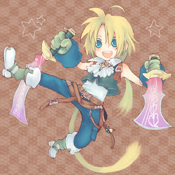 00s, 1boy, blonde_hair, blue_eyes, boots, dissidia_final_fantasy, dual_wielding, final_fantasy