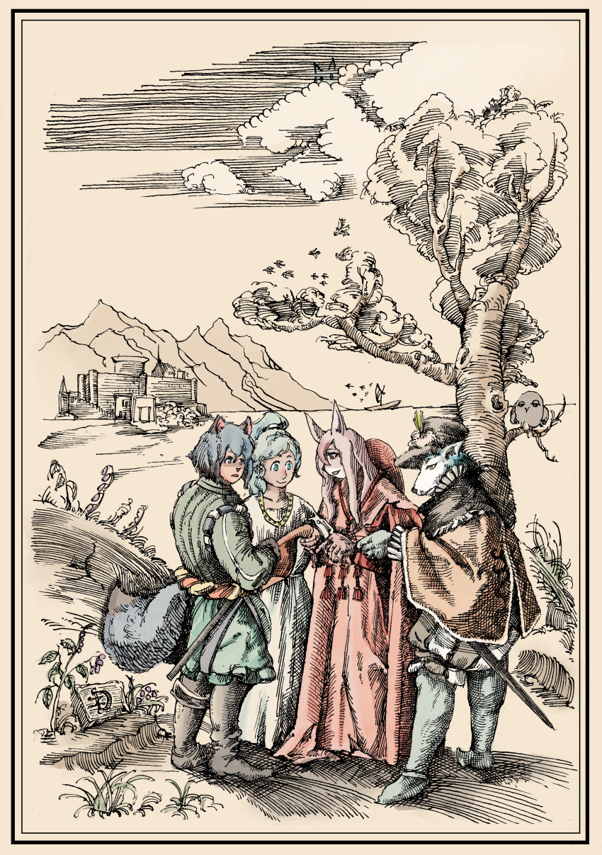 1boy, 3girls, absurdres, alternate_form, animal_ears, bird, blue_eyes, blue_hair