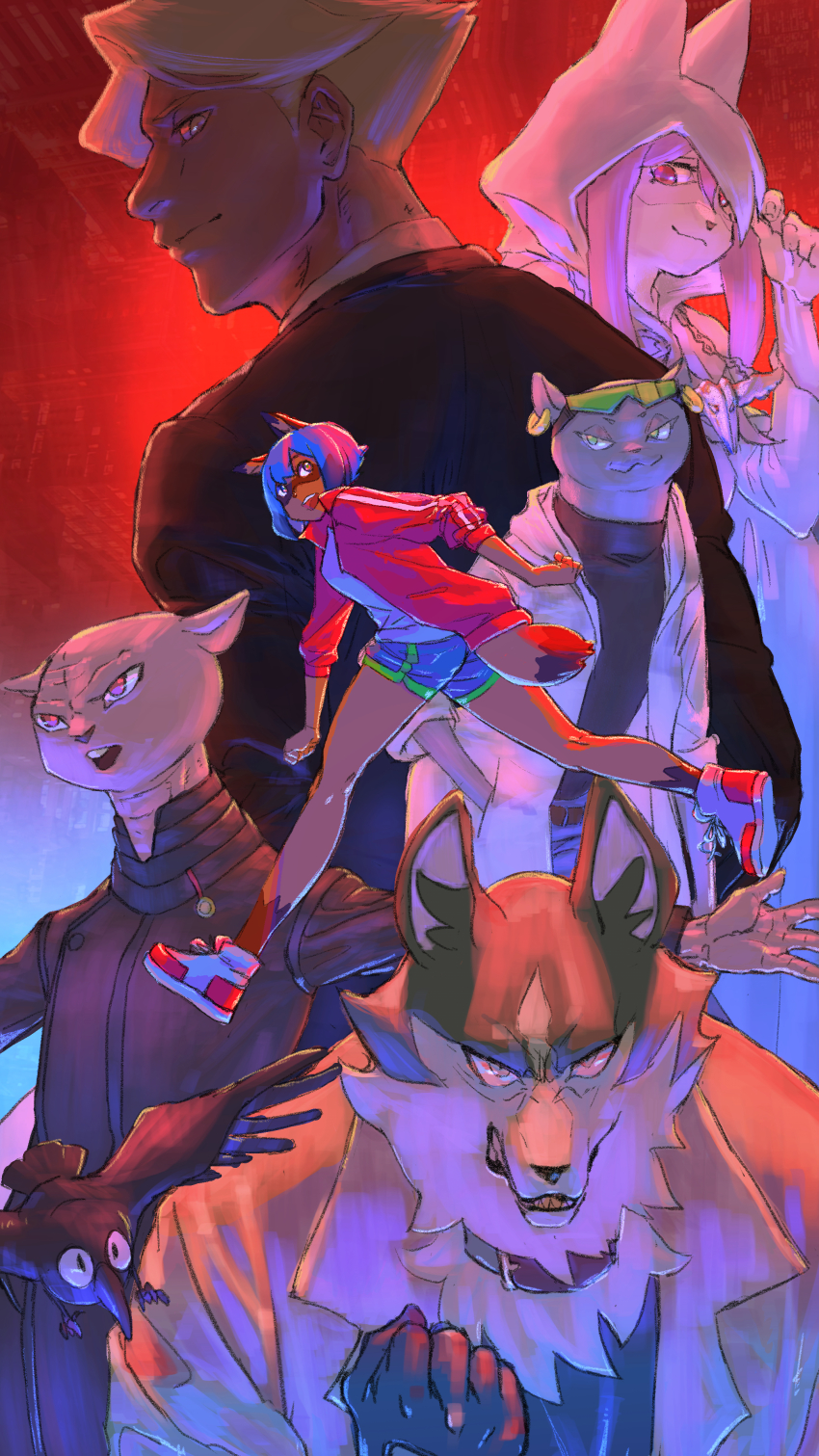 2boys, 4girls, absurdres, alan_sylvasta, alternate_form, animal, animal_ears, animal_hood