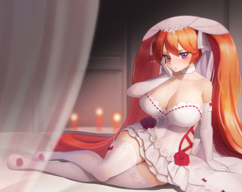 1girl, blush, breasts, bridal_veil, candle, cleavage, dress, female_focus, full_body, garter_straps, gooak, hair_between_eyes, huge_breasts, last_origin, long_hair, looking_at_viewer, may_of_doom, mole, mole_on_breast, purple_eyes, red_hair, solo, thighhighs, twintails, veil, very_long_hair, wedding_dress, white_thighhighs