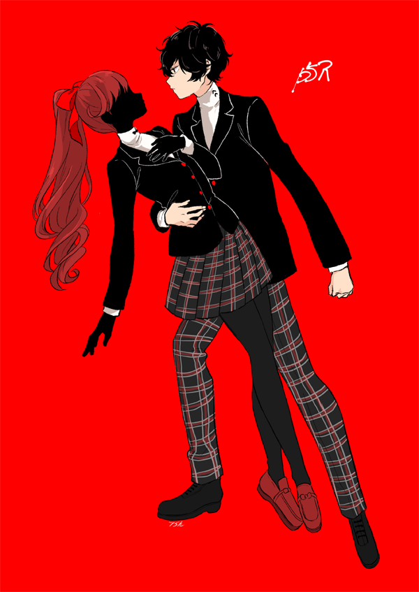 1boy, 1girl, amamiya_ren, arm_around_another's_waist, bad_id, bad_pixiv_id, black_footwear, black_hair